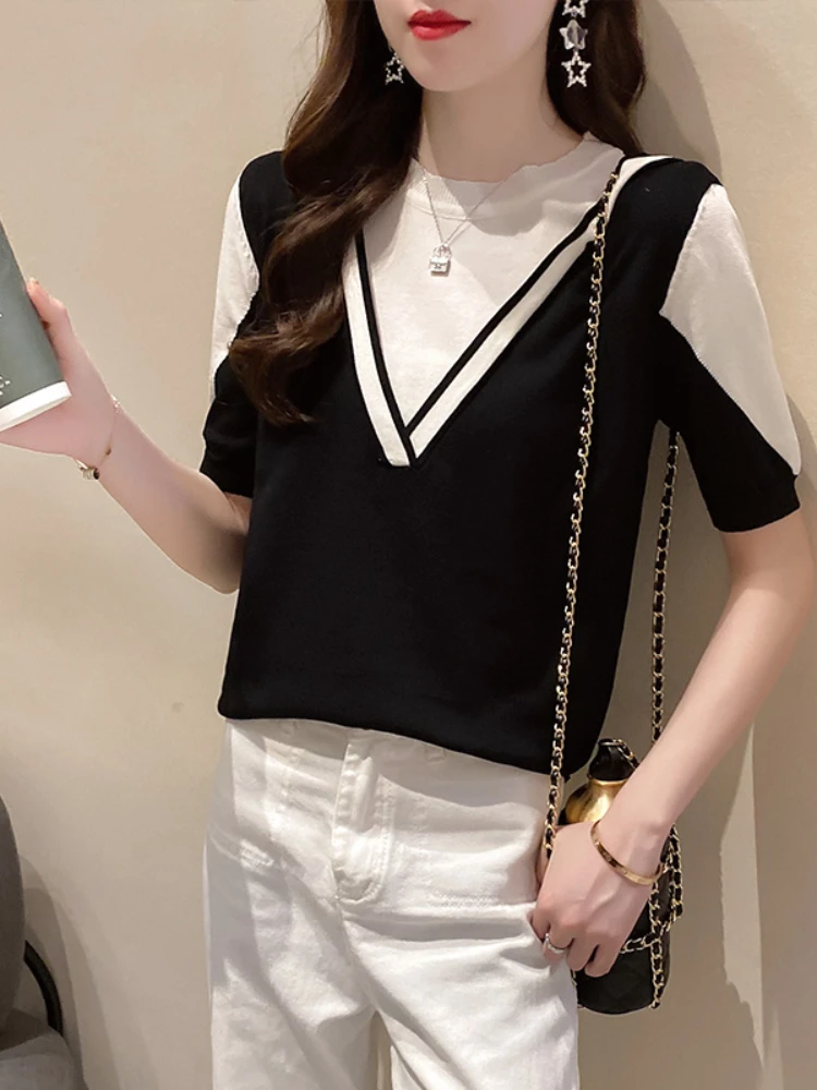 

Women's T-shirt Ladies Tops Fashion Summer Crew Neck Pullover Loose Short Sleeve Knitting Splicing Temperament Tenafeicc