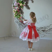 red half sleeves toddler birthday flower girl dress bow teen mother daughter wedding party dresses fashion show first communion