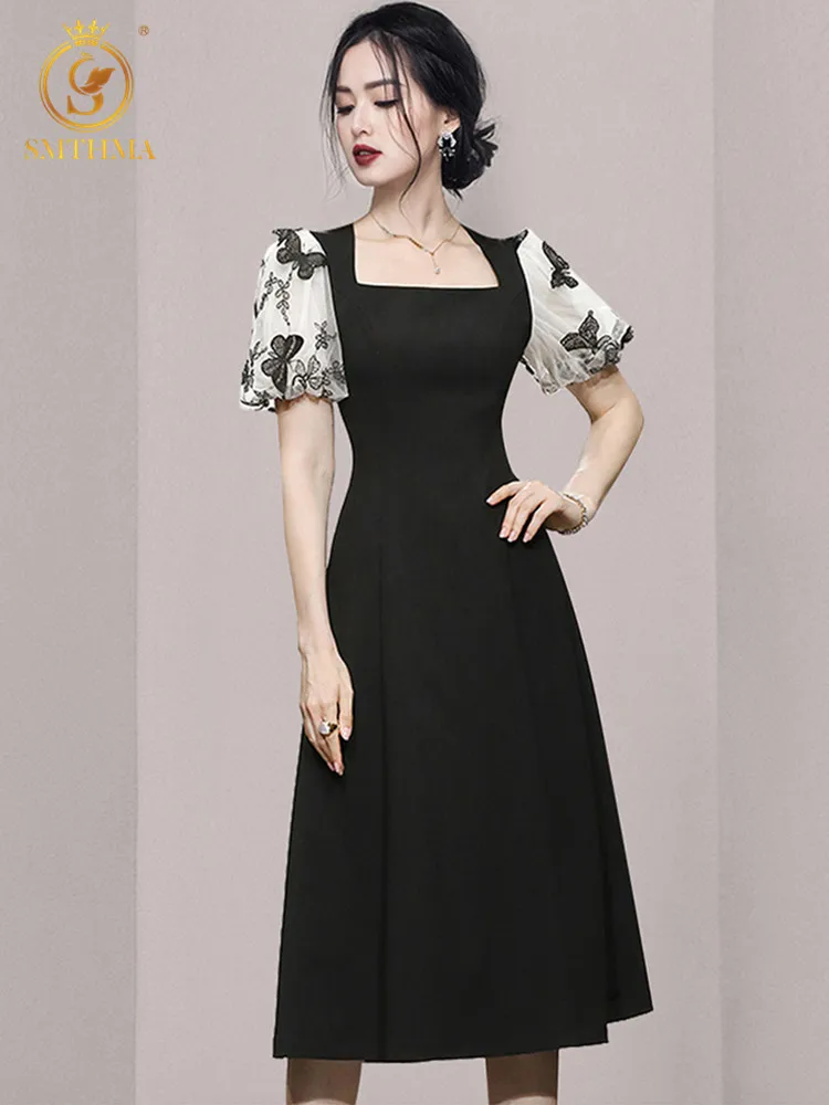 

SMTHMA Новое модное темпераментное Элегантное летнее платье с квадратным вырезом платье миди с вышитыми бабочками и рукавами-фонариками Vestidos