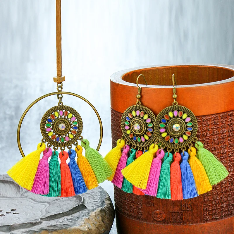 

Bohemian Ethnic Round Drop Oil Colorful Tassel Earrings Necklaces Retro Long Rope Chain Necklace Women Vacation Casual Jewelry