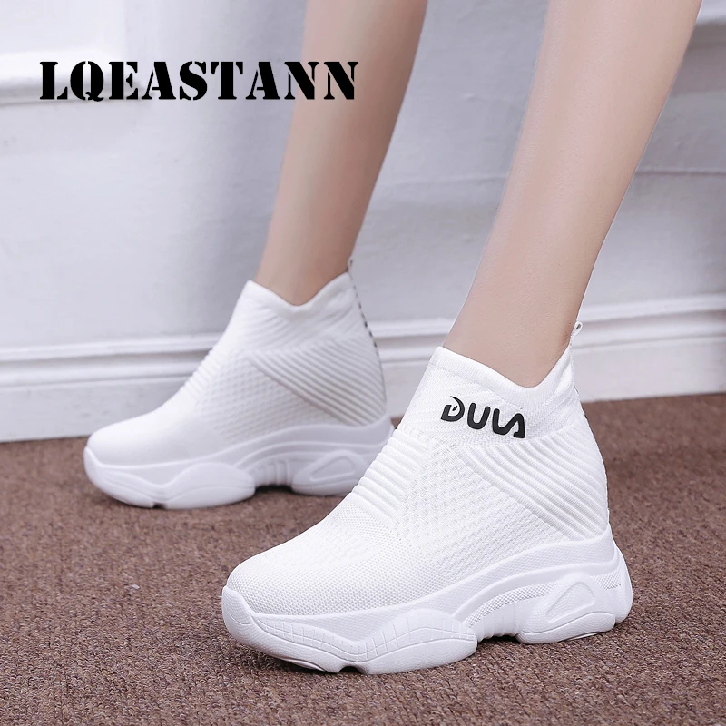 

2020 New Breathable Knitted Chunky Sneakers All-match Wedge Socks Women's White Shoes Spring Thick-soled High-Top Daddy Shoes