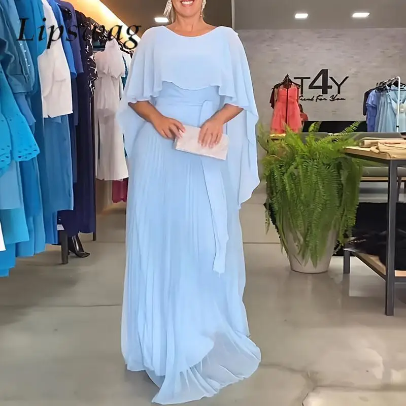 

Solid Fashion Ruffles Chiffon Pleated Party Dress Casual Loose Hem Women Maxi Dress Elegant Batwing Sleeve Lace-up Long Dresses