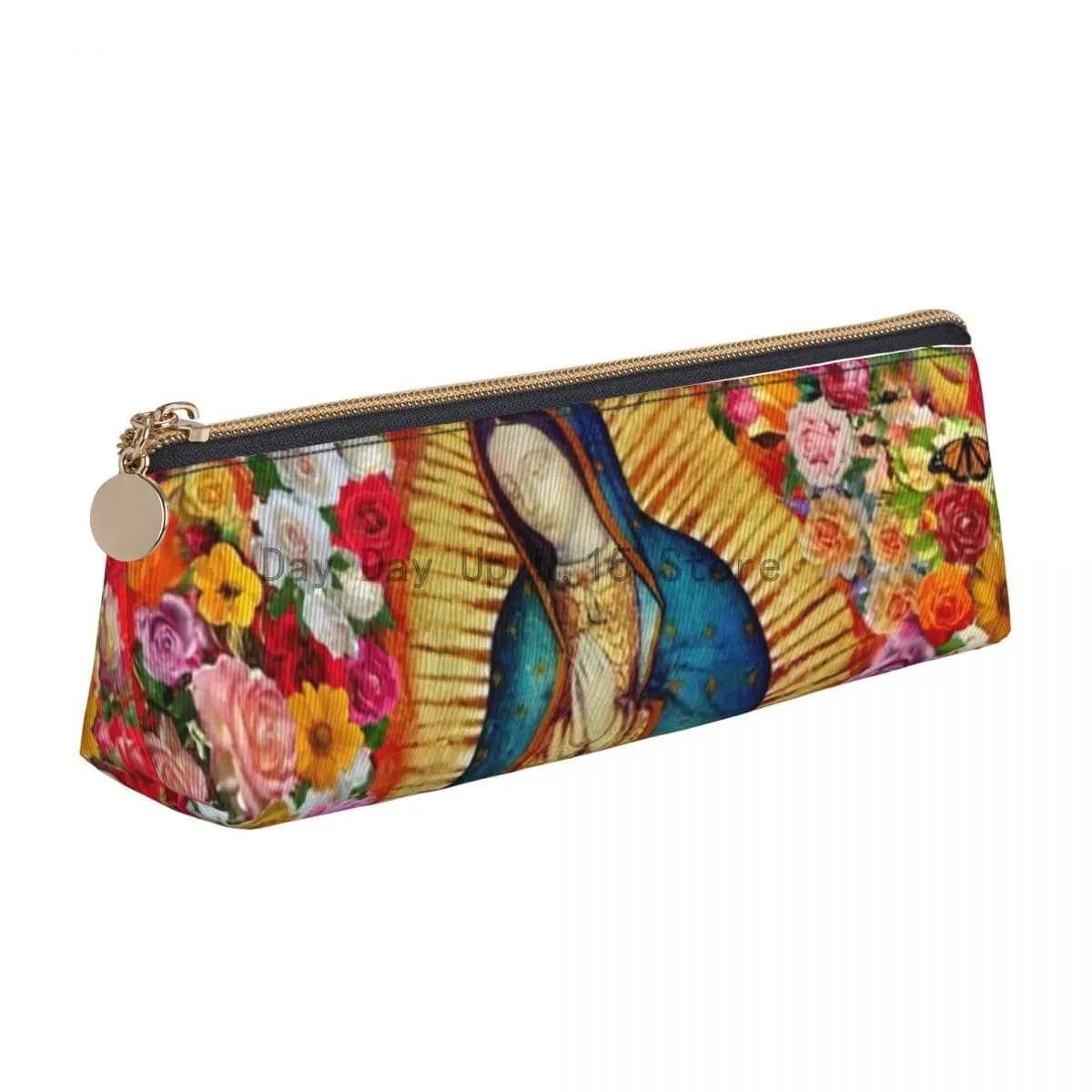 

Mexican Virgin Mary Leather Pencil Case Our Lady of Guadalupe Fashion Zipper Pencil Box Stationery For Child Triangle Pen Pouch