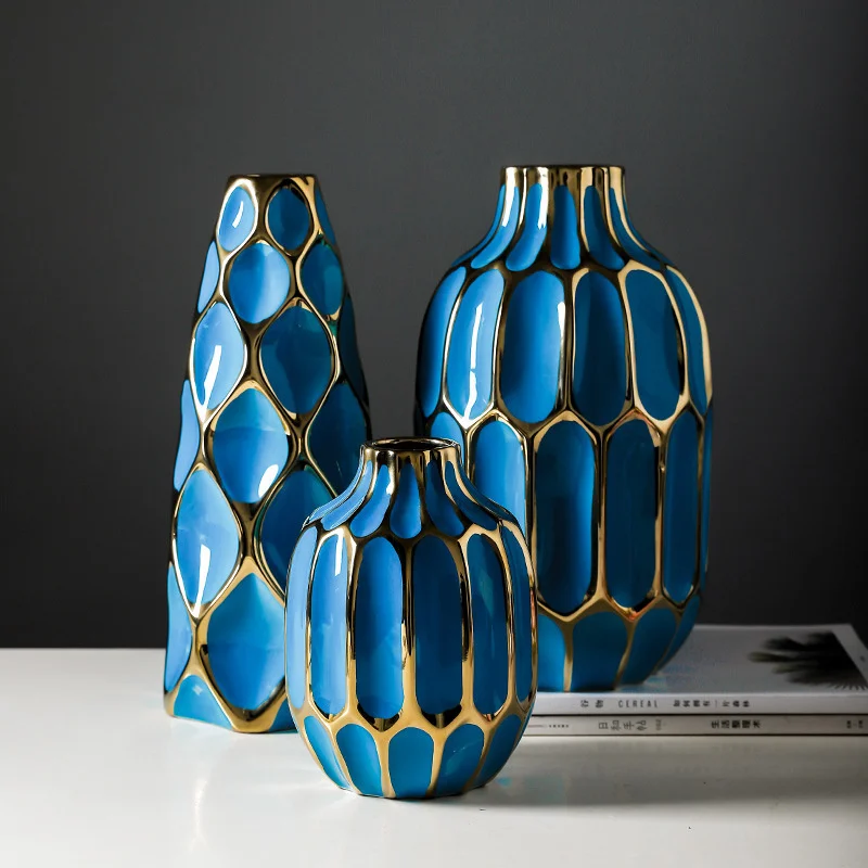 

Современные керамические позолоченные голубые цветочные вазы, роскошные декоративные вазы ручной работы для гостиной, ручная работа