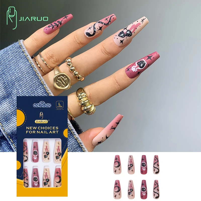 

JIARUO 24PCS/BOX Long Press on Nails Coffin Fake Nail Artificial Pink Star and Moon Wear Nails Supplies for Profess Tips Art Y2k