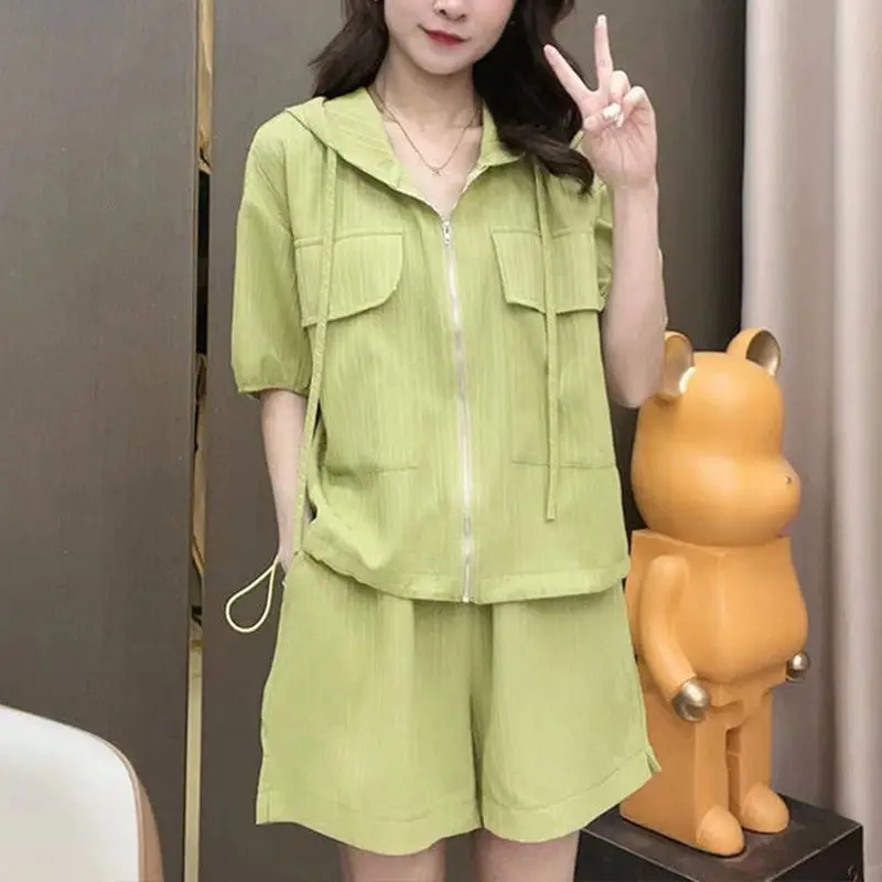 

Женские костюмы большого размера с карманами, однотонные простые шорты с карманами, Свободная Женская одежда из двух частей на весну и лето