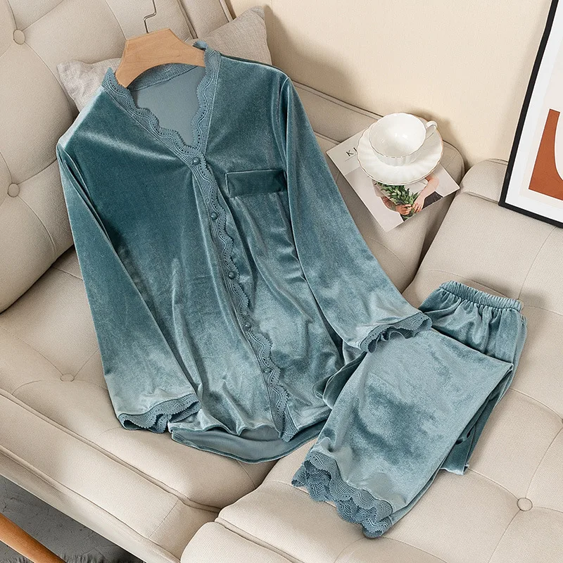 Women New Velvet Pajamas Autumn Winter Sleepwear Long Sleeve Casual Nightwear Pyjamas Suit Loose Home Clothes Lace Trim Sleep