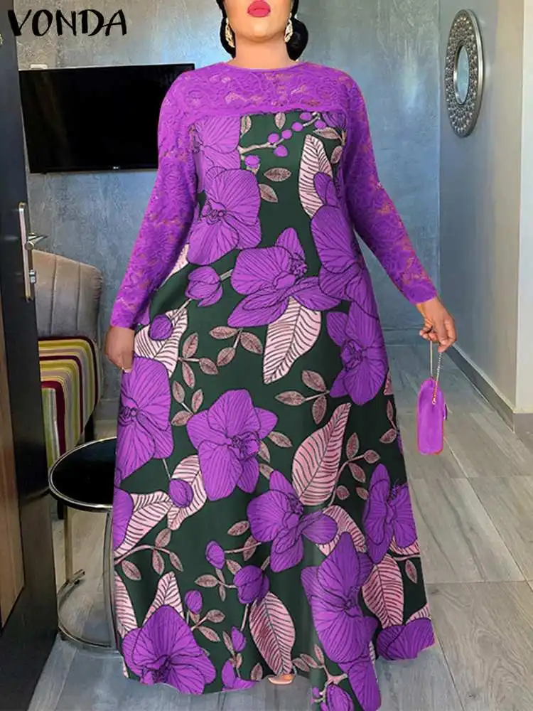 

Летнее платье, женский сарафан 2023 VONDA, винтажное кружевное лоскутное Макси-платье с длинным рукавом и цветочным принтом, повседневное женское платье