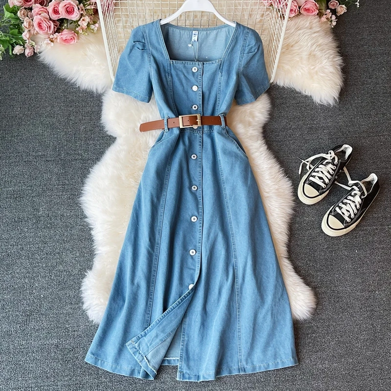 

Women's Denim Dress Summer Office Lady Short Sleeve Dress