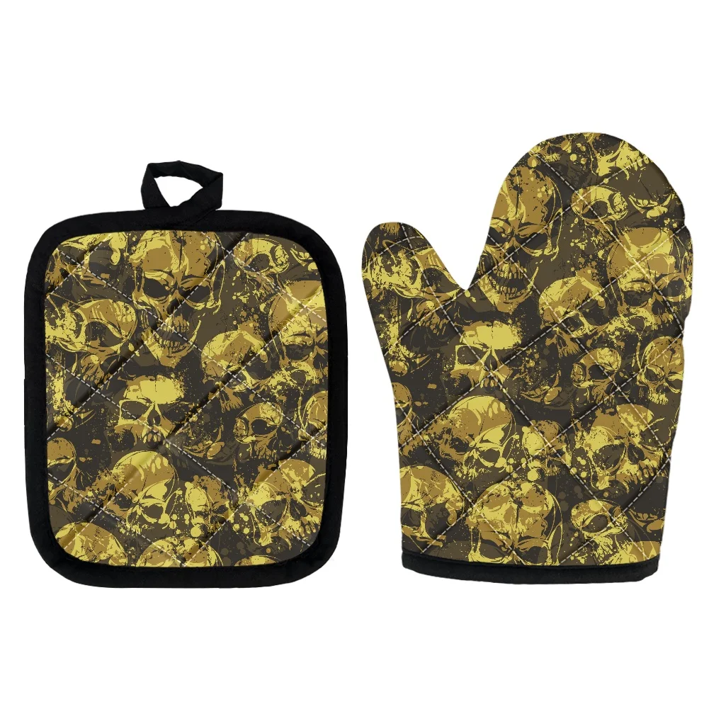 

Polyester Cotton Oven Glove Yellow Skull Pattern 2 pcs Kitchen Accessories Microwave Heat Resistant Potholder Mitts and Mats