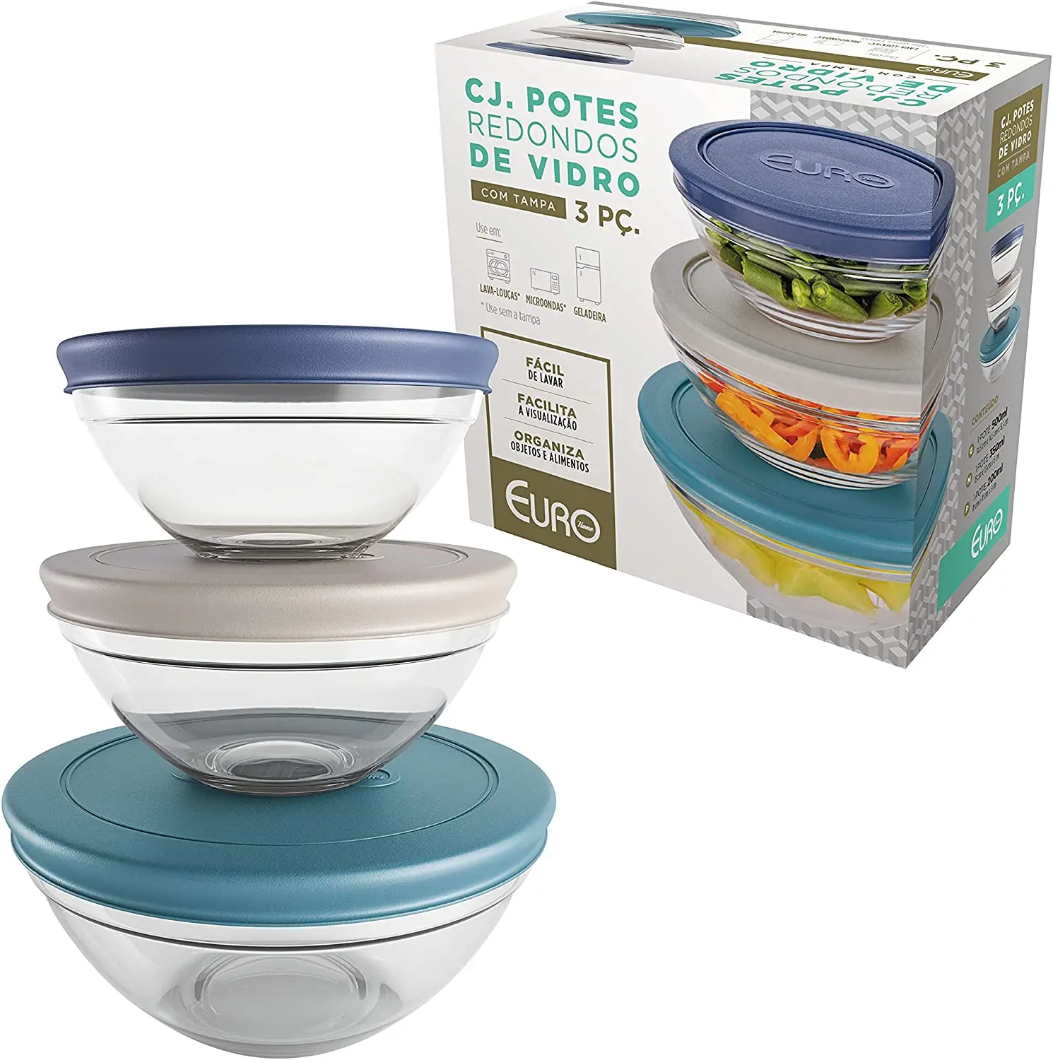 

Set of 3 Round Glass Pots with Colorful Lid, VDR7093-CO, Home