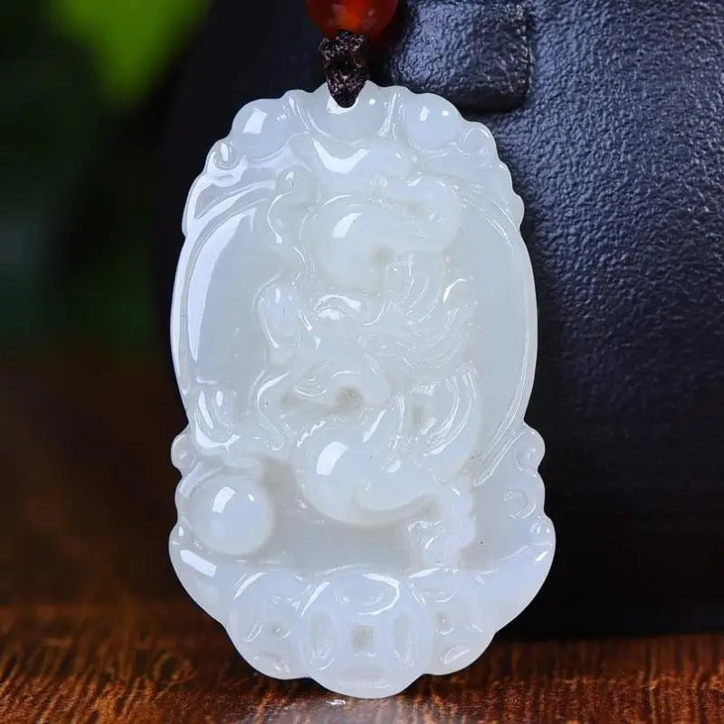 

Natural White Jade Dragon Pendant With Rope Chain Hetian Jades Nephrite Zodiac Dragon Fengshui Charms Men Women Amulet Necklace