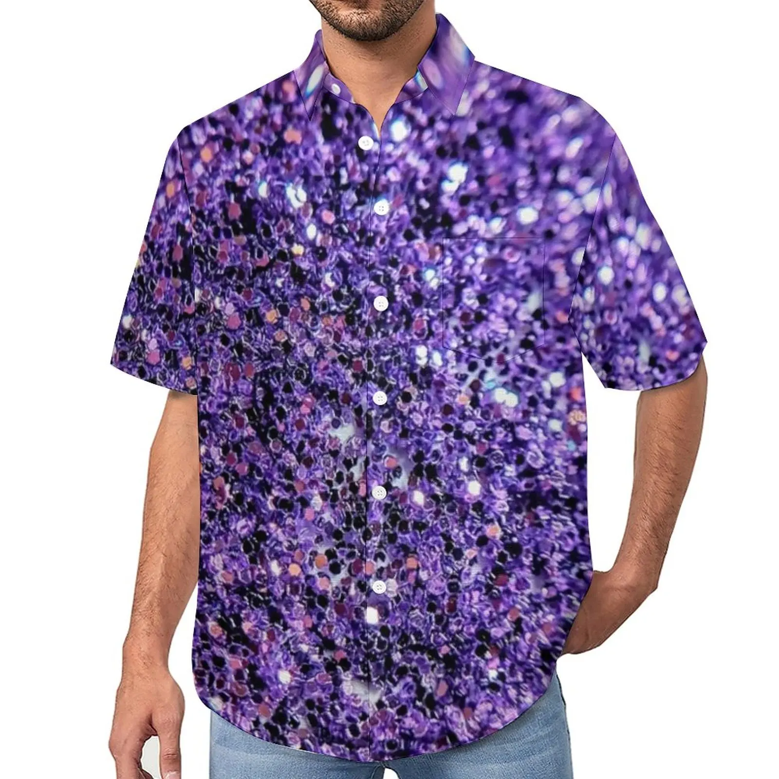 

Sparkly Lavender Glitter Beach Shirt Purple Bling Print Hawaiian Casual Shirts Man Stylish Blouses Short Sleeve Graphic Clothing