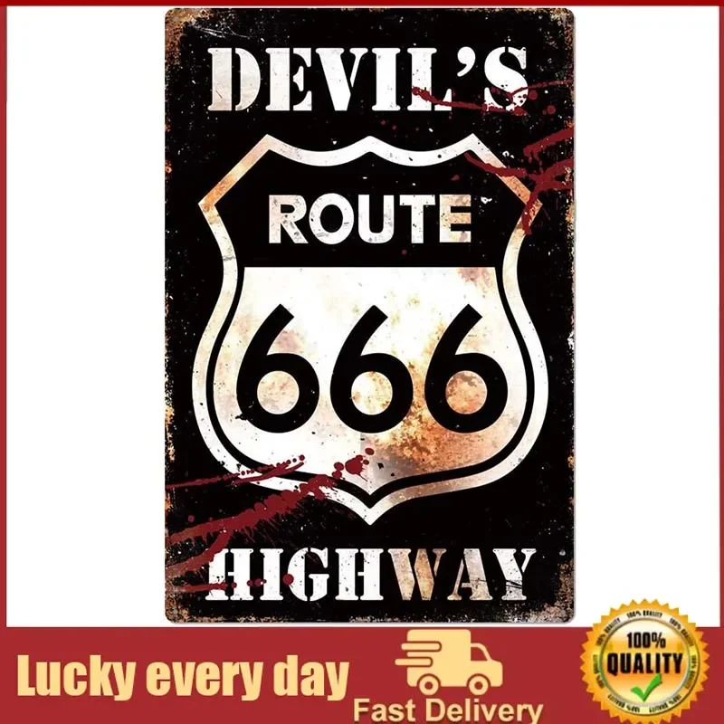 

Original Retro Design Route 666 Tin Metal Signs Wall Art | Devil ’s High Way | Thick Tinplate Print Poster for Garage room decor