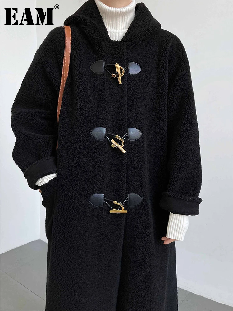 

[EAM] Loose Fit Black Lambswool Big Size Thick Long Jacket New Hooded Long Sleeve Women Coat Fashion Autumn Winter 2023 1DF2564