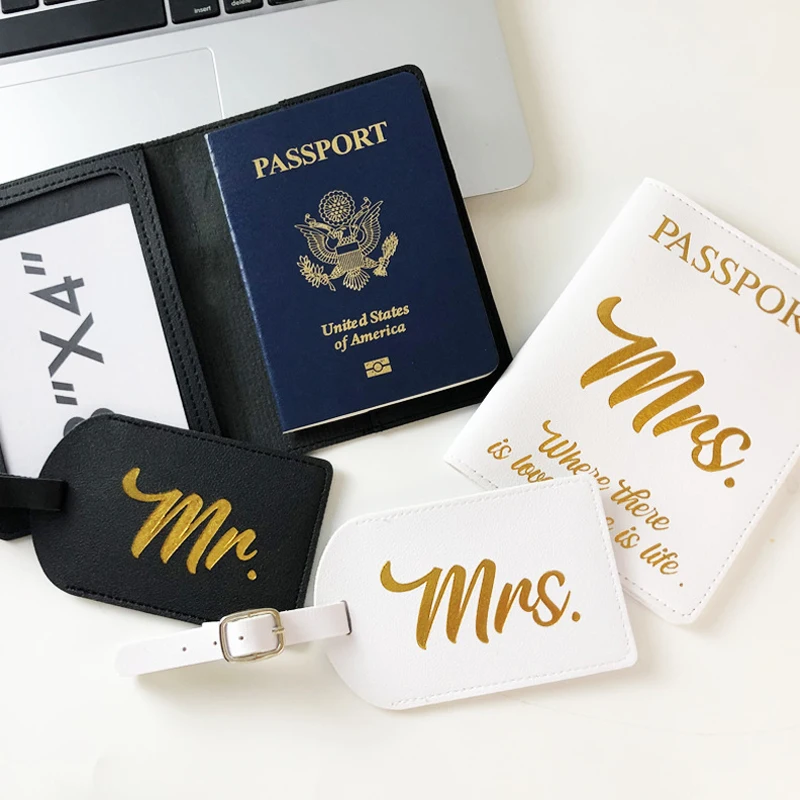 

Mr Mrs Letter Printing Passport Cover Couple Passport Folder Luggage Tag Travel Document Bag Wedding Gift Simple PU Travel Case