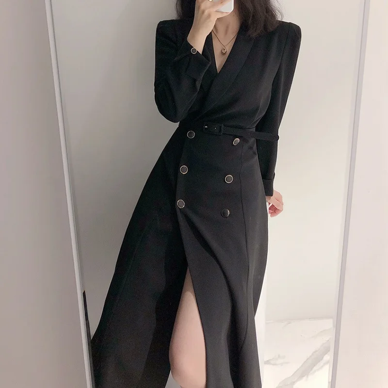 Fashion Long Blazers Women's Clothing Spring Autumn Retro Tie Long-sleeved Double-breasted V-neck Black Suit Jacket Woman p79