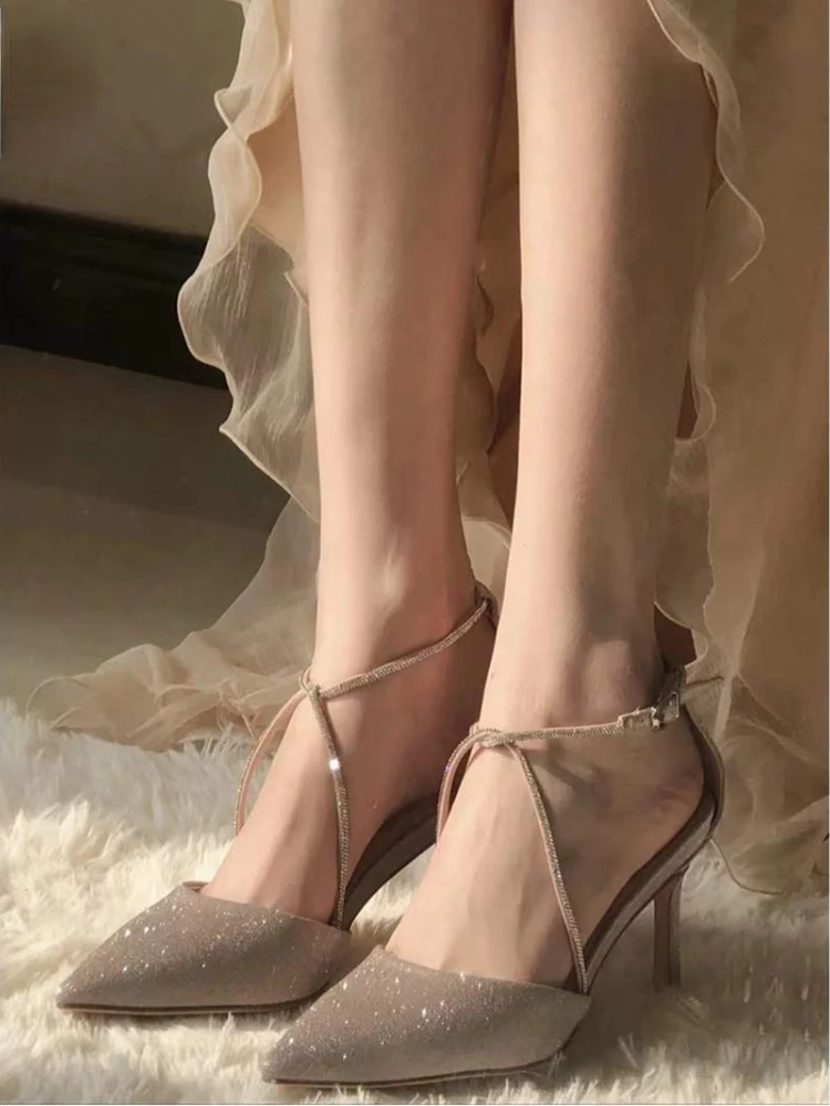 

Fairy Elegant High Heels Lady Rhinestone Casual Korean Style Gold Shoes Party Design French Retro Bridal Pumps Women Summer 2022