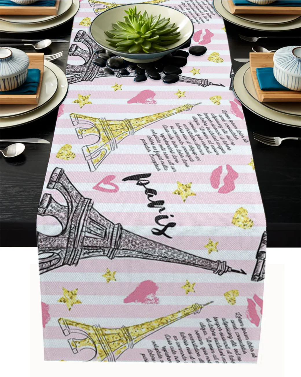 

Скатерть из хлопка и льна в розовую полоску, декоративная настольная дорожка с изображением Парижа, Эйфелевой башни, губ, звезд, украшение д...