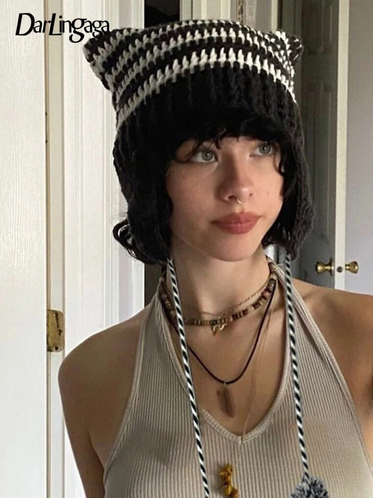 

Darlingaga Cute Gothic Knitted Stripe Autumn Winter Hat Harajuku Warm All-Match Women's Hat Sweet Lovely Caps for Girls Outfits