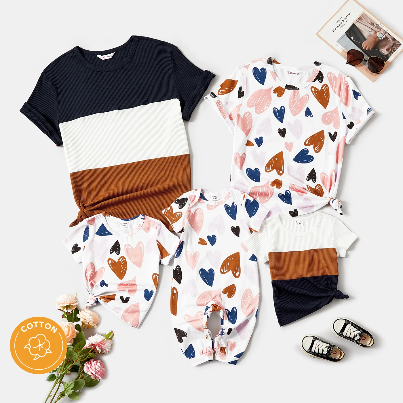 

PatPat Mother's Day Family Matching Cotton Short-sleeve Allover Heart Print and Colorblock Ribbed Tops