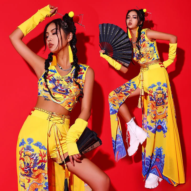 

Модный костюм для танцев в китайском стиле, костюм для выступлений, халат с драконом в стиле древнего дракона, костюм для выступления на сцене, женский костюм для джазовых танцев