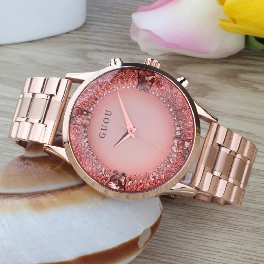 Enlarge Guou Brand Quartz Wristwatches 30 Waterproof Top Quality Women Luxury Gold Stainless Steel Fashion Personality Girl Gift Watch