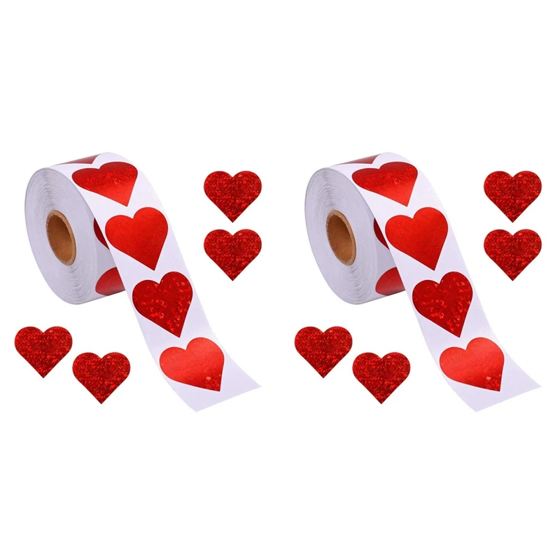 

2 рулона, наклейки в виде сердца с блестками на День святого Валентина, рулон наклеек в форме сердца, этикетки в форме сердца для Годовщины свадьбы (500 шт./рулон)