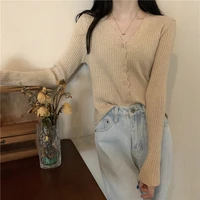 korean fashion cardigan for women solid color single breasted v neck slim long sleeve top springautumn womens sweater