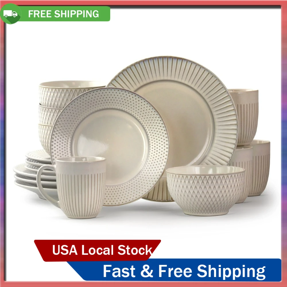

Market Finds 16 Piece Round Stoneware Dinnerware Set In Embossed White Plate Sets