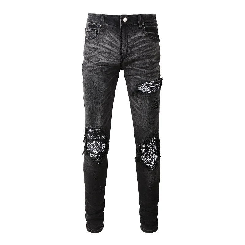 

Men Bandanna Paisley Print Patch Jeans Streetweat Patchwork Holes Ripped Biker Pants Skinny Tapered Black Stretch Denim Trousers
