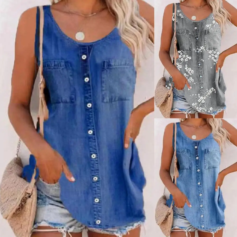 

Stylish Blouse Arc Hem Denim Women Vest Sleeveless Floral Print Denim Blouse