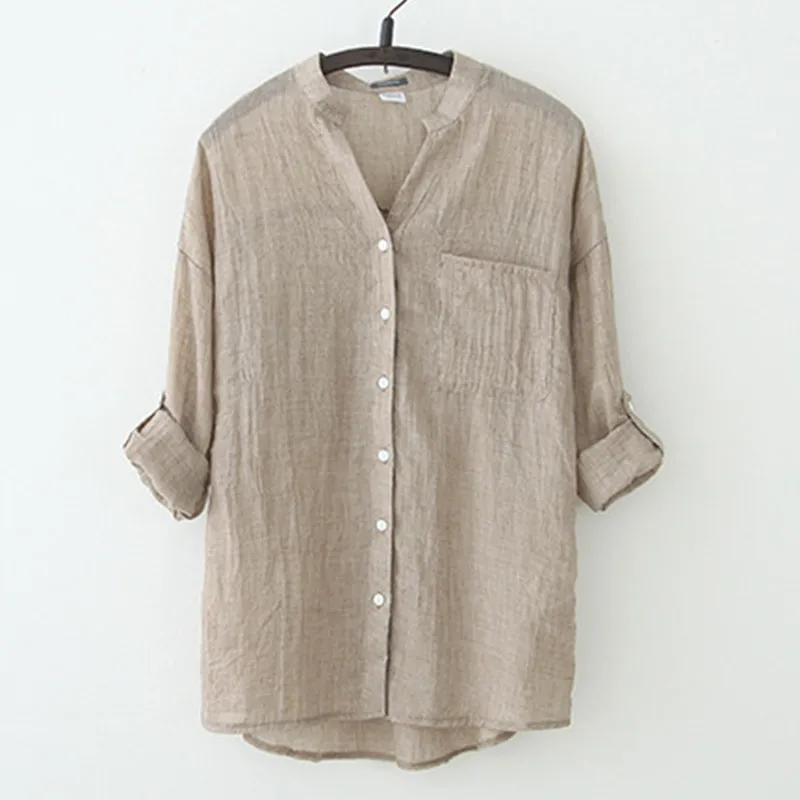 

Повседневные женские топы и блузки из хлопка и льна, Топ в стиле Харадзюку, белая блузка, рубашка с защитой от солнца, рубашки с V-образным выр...