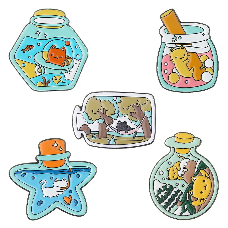 

Cartoon Cat Diving Travel Scenery Rafting Bottle Brooch Clothing Accessories Backpack Brooch Badge Enamel Lapel Pins Wholesale