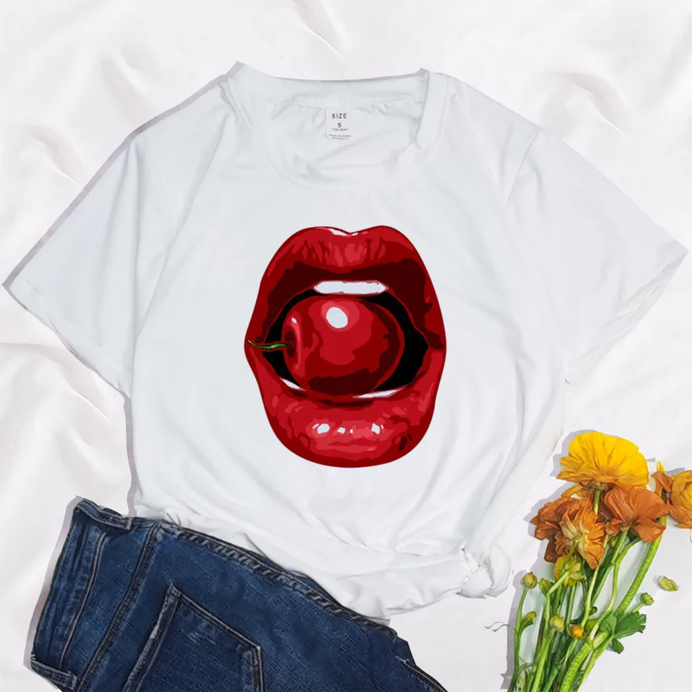 

Funny Watercolor Lip Sexy Graphic Print T Shirt Top Women Summer Fashion Harajuku T-shirt Tops Base O-neck White Tee short