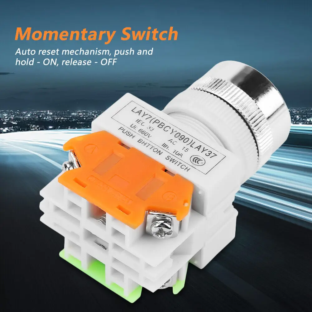

22mm Push Button Auto Reset Flat Head Green Latching Car Engine Power Momentary Latching Switch 5V 220V LAY37-11BN