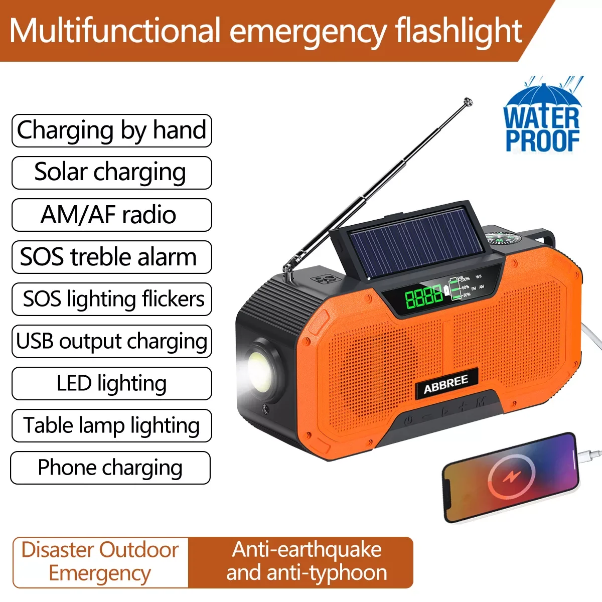

Waterproof Auto Scan AM/FM Emergency Radio Charge by Solar Power Hand Crank USB charger Power Bank for Cellphone