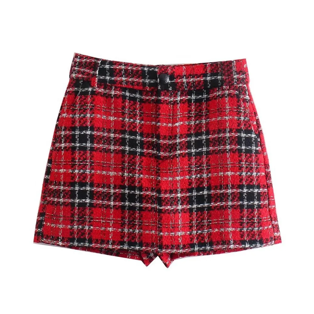 

Huaxiafan Women Chic Fashion Side Pockets Tweed Shorts Skirts Vintage High Waist Zipper Fly Female Skort Mujer