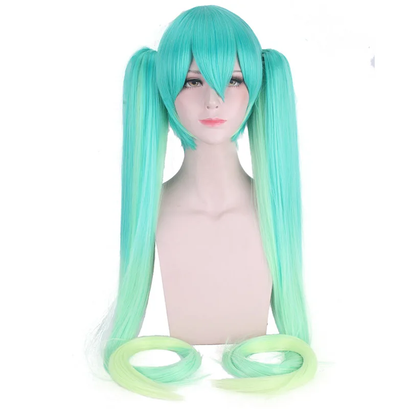 

120CM Vocaloid Miku Blue Yellow Gradual Wig With 2 Clip Ponytails Beginner Future Synthetic Hair Women Universal Cosplay Wigs