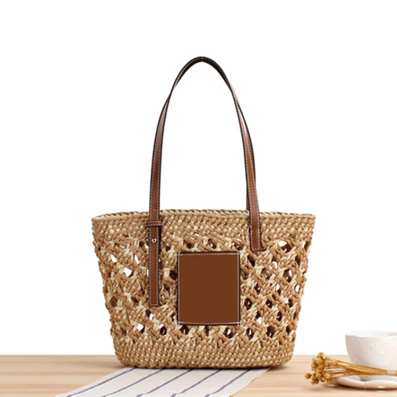 Летняя плетеная Сумка-тоут с вырезами женская модная контрастная Соломенная