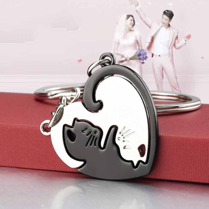 

2pcs Cute Black Cat Keychain Patchwork Heart Round Couple Lovers Keyring Stainless Steel Backpack Car Key Ring Hanging Jewelry
