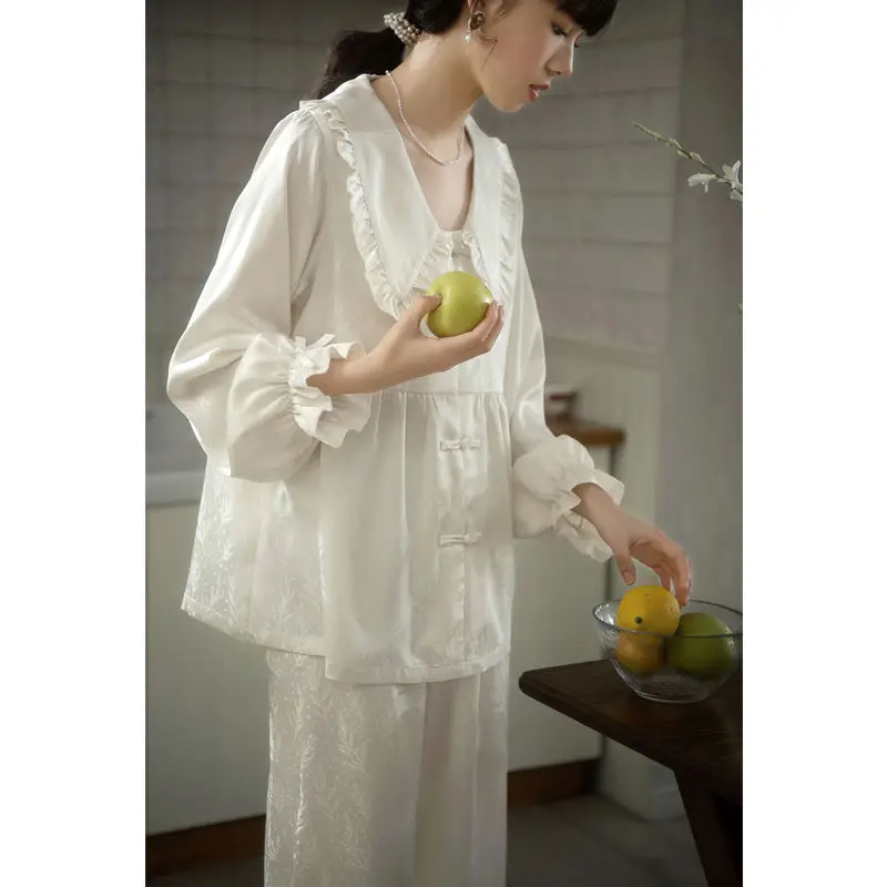 

Женский пижамный комплект в китайском стиле, женская одежда для сна из искусственного шелка, ночная рубашка, домашняя одежда, штаны с длинны...