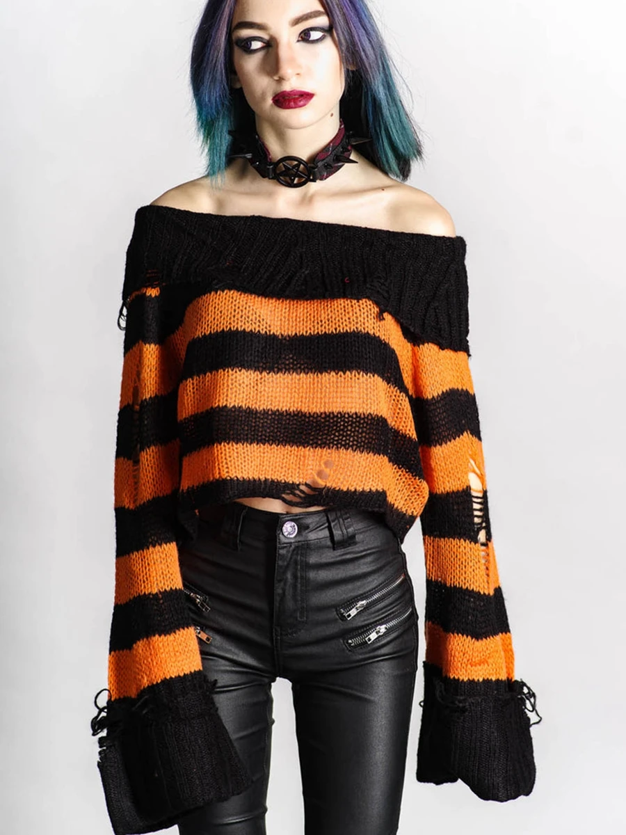 

Lairauiy Womens Y2K Vintage Off Shoulder Knit Tops Stripe Print Ripped Long Sleeve Loose Sweaters Gothic Punk Knitwear Pullovers
