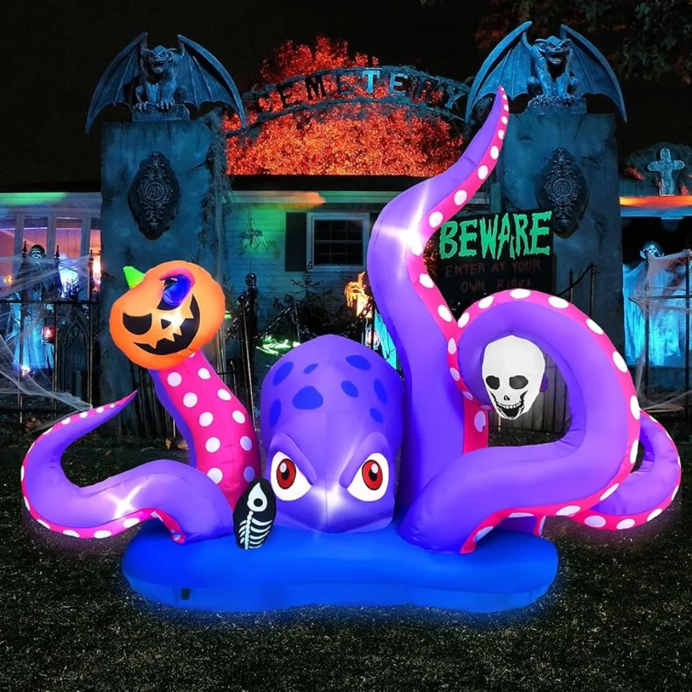 

Надувные гигантские осьминоги на Хэллоуин с Тыквой и черепом, украшения для Хэллоуина на открытом воздухе, украшение для Хэллоуина со встроенными искусственными элементами