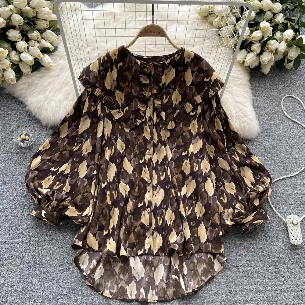 

VANOVICH European and American Style Autumn Irregular Floral Waist Chiffon Shirt Female Lantern Sleeve Temperament Casual Shirt