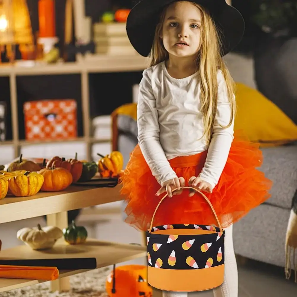 Сумка Для Конфет На Хэллоуин Оранжево-черная В Форме Ведра С Верхней Ручкой И