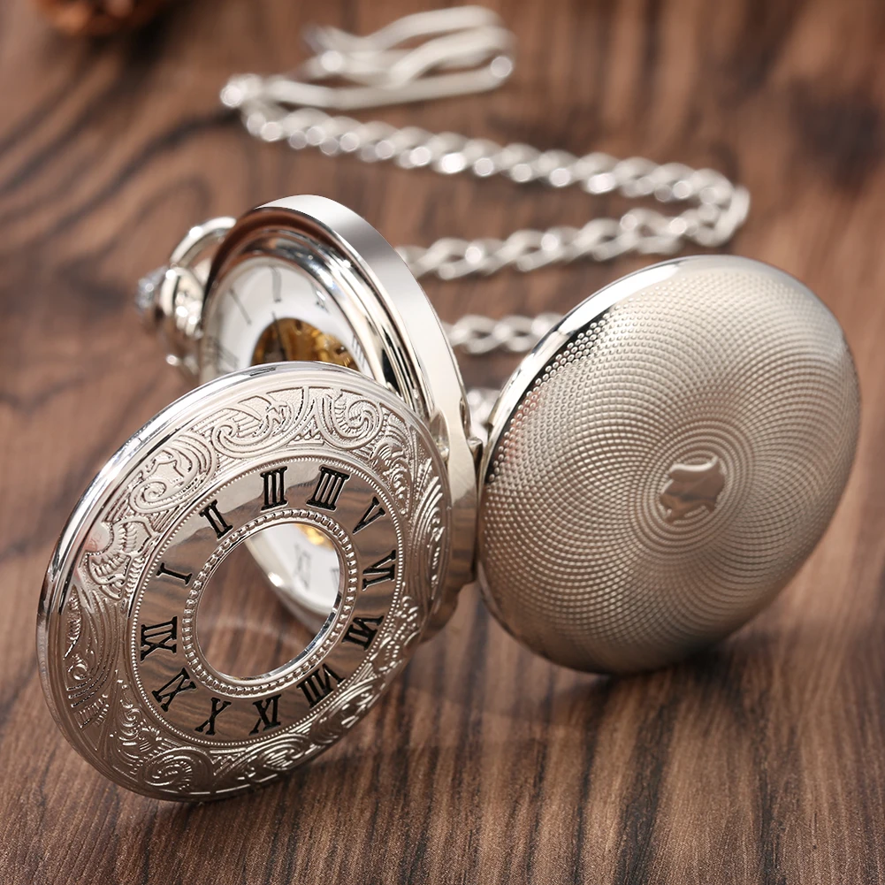 Classic Roman Numerals Display Mechanical Hand Winding Pocket Watch Silver Fob Chain Double Cover Antique Manual Pendant Clock