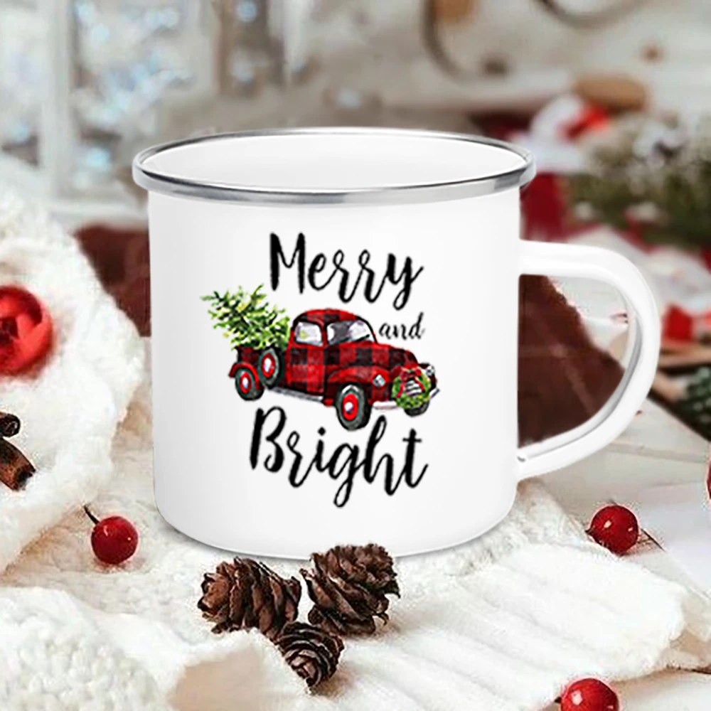 

Merry and Bright Christmas Cups Retro Car Printing Mug Enamel Coffee Cup Home Party Decoration Cup Gift for Family Friend Lover