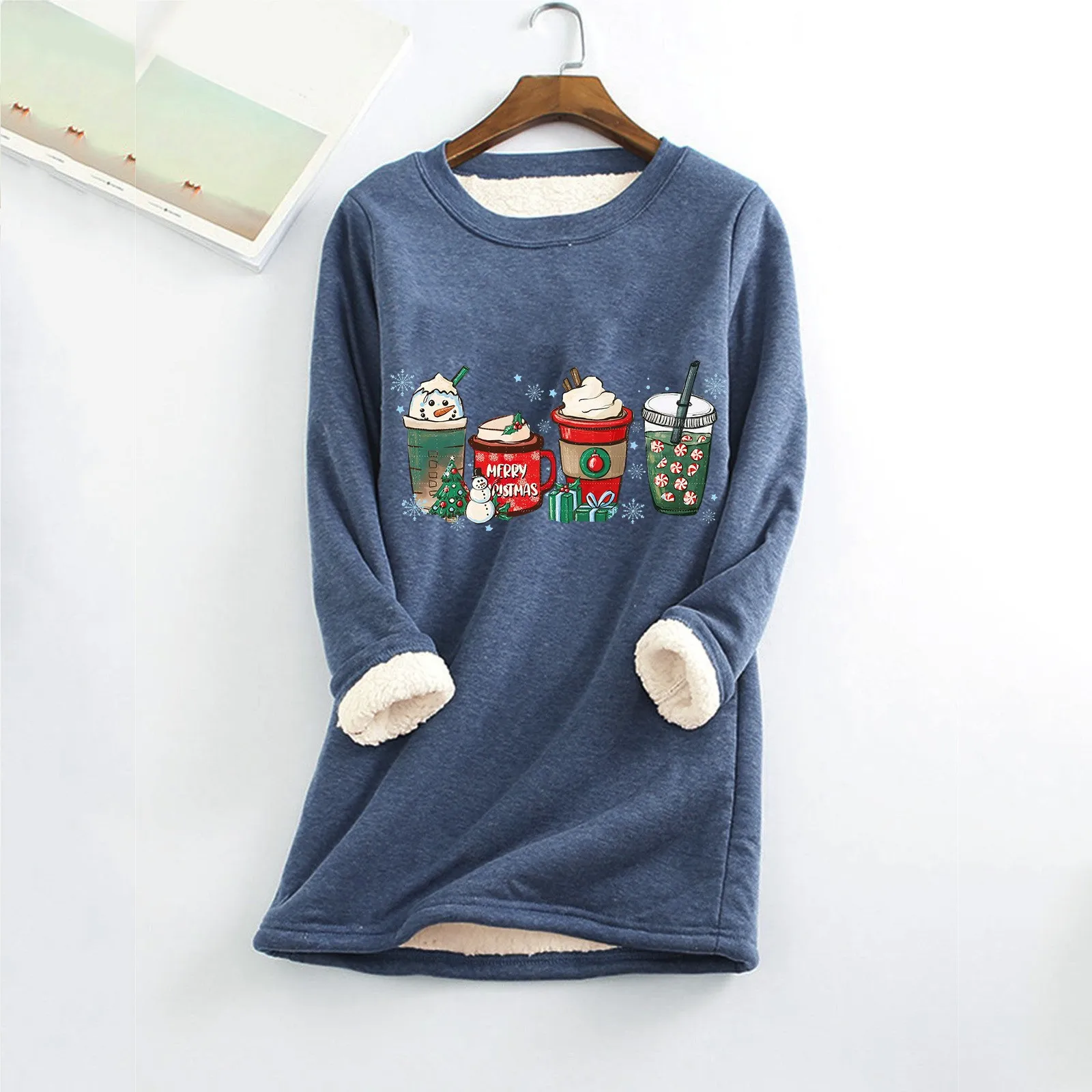 

2023 Christmas Sweatshirt Winter O Neck Fleece Top Thermal Women Underwear Thick Fleece Sweatshirt Blouse Xmas Santa Hoodies