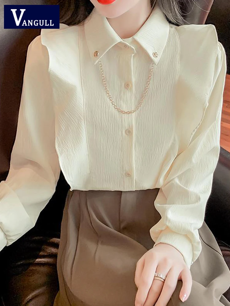 

Vangull Fashion Ruffles Apricot Shirt Women Turn-down Collar Long Sleeve Blouse Female Single Breasted Loose Office Lady Tops